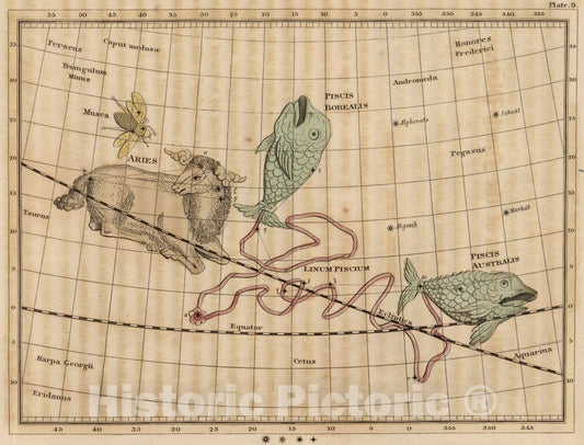 Historic Map : Constellations near Pisces., 1824, Vintage Wall Art