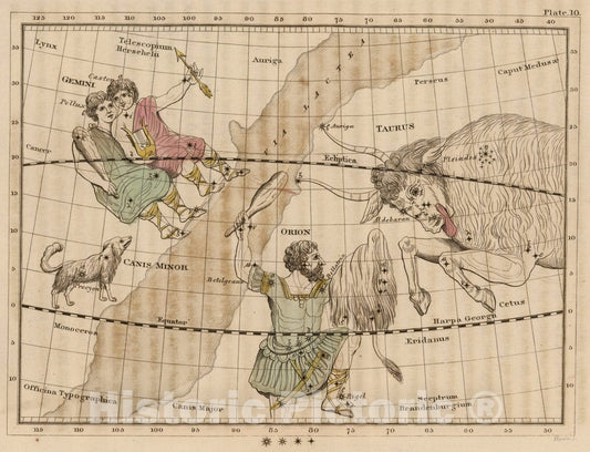 Historic Map : Constellations near Taurus., 1824, Vintage Wall Art