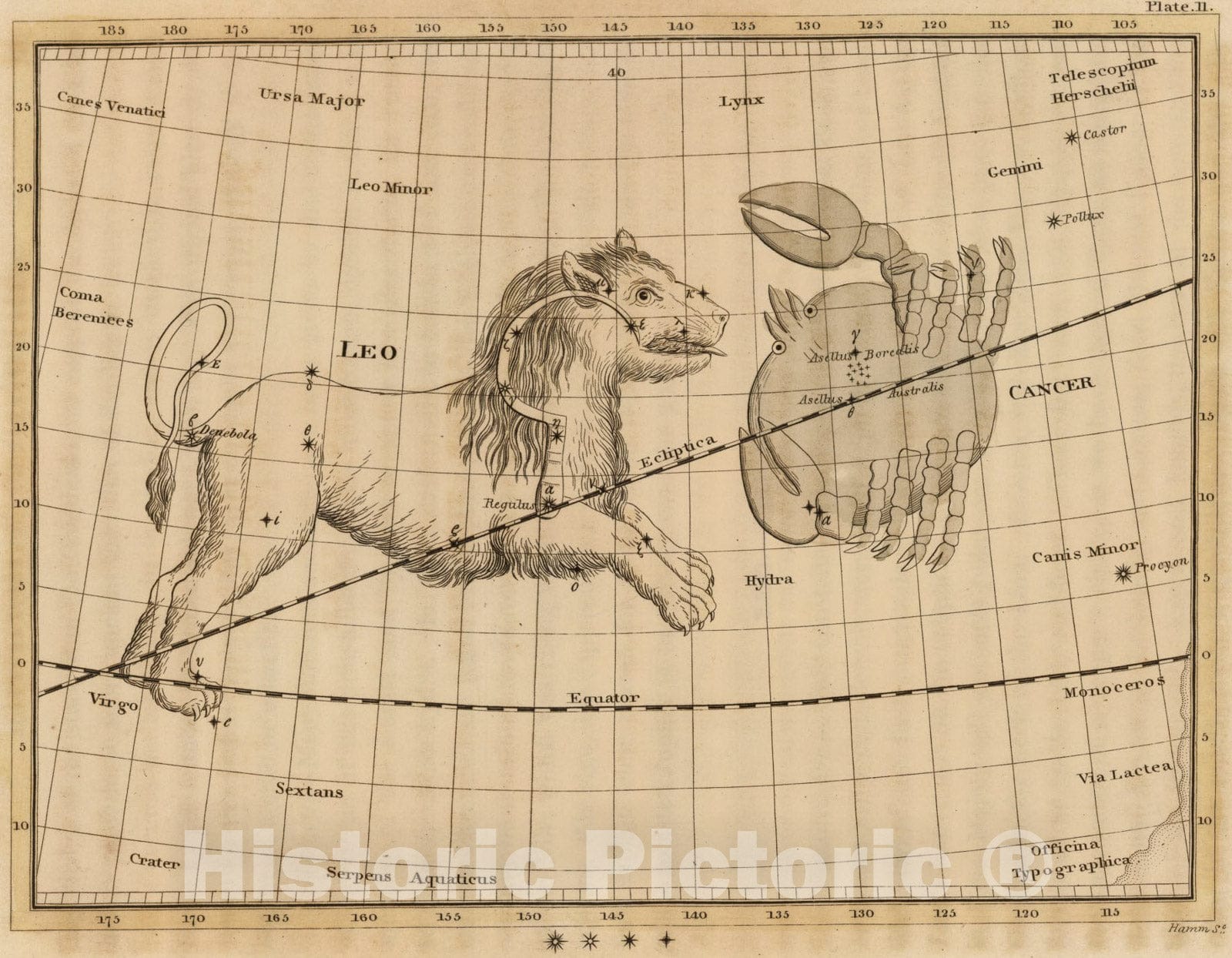Historic Map : Constellations near Cancer., 1824, Vintage Wall Art