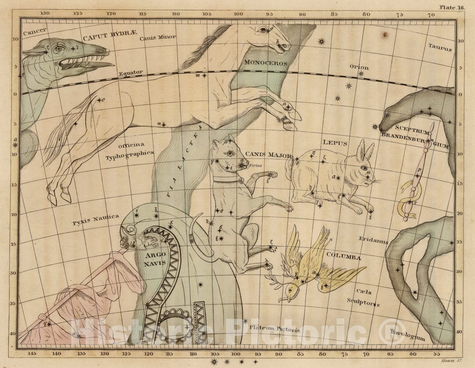 Historic Map : Constellations near Canis Major., 1824, Vintage Wall Art