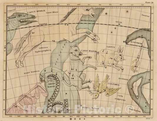 Historic Map : Constellations near Canis Major., 1824, Vintage Wall Art