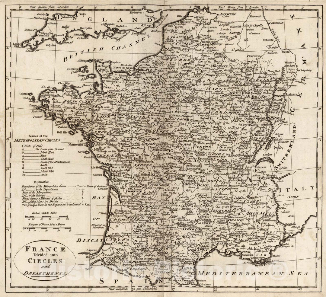 Historic Map : France Divided into Circles and Departments., 1795, Vintage Wall Art