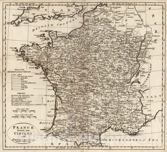 Historic Map : France Divided into Circles and Departments., 1795, Vintage Wall Art