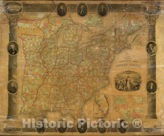 Historic Map : Chapin's Ornamental Map Of The United States., 1853, Vintage Wall Art