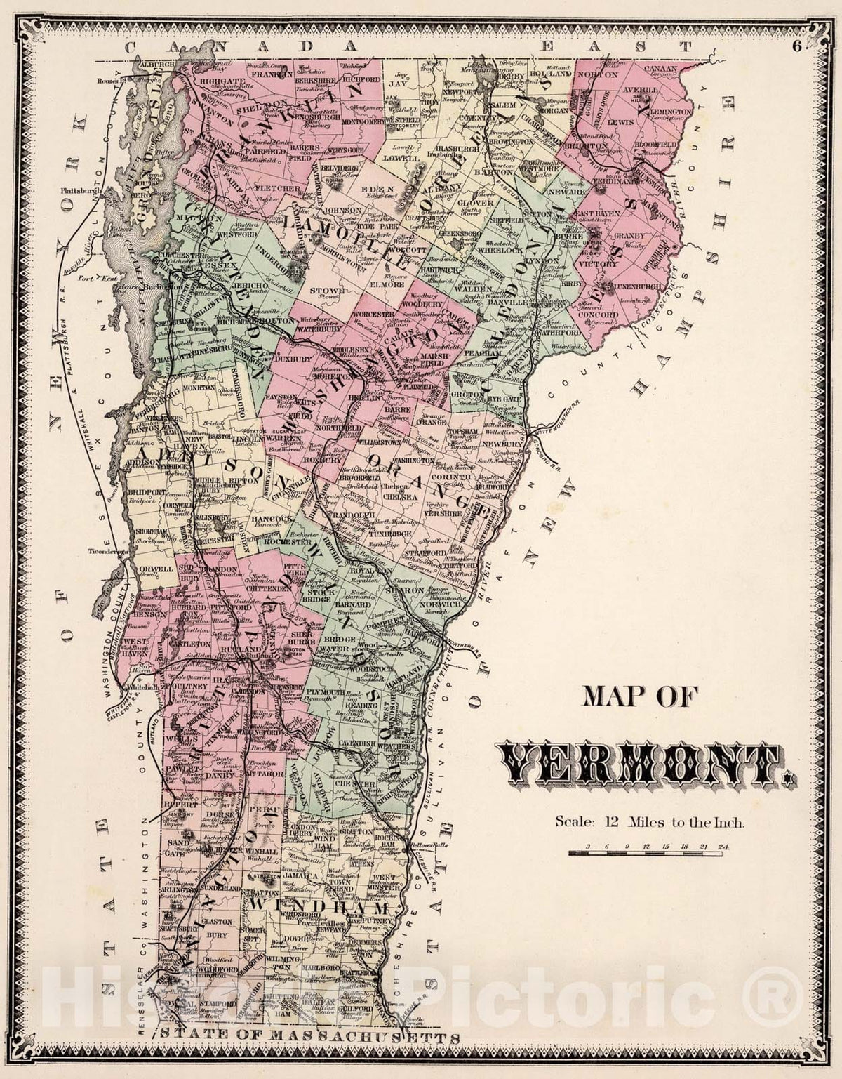 Historic Map : Vermont., 1869, Vintage Wall Art