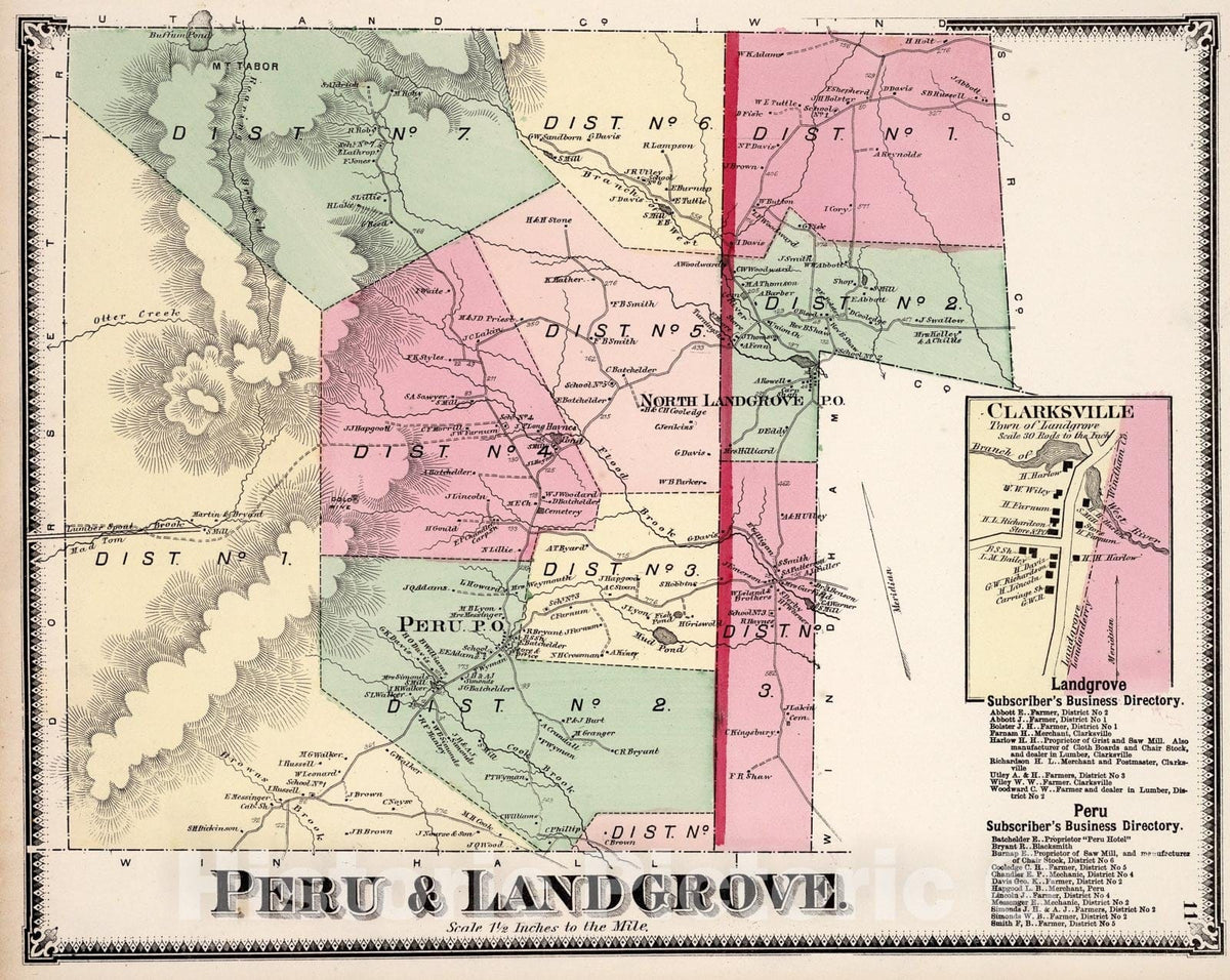 Historic Map : Peru and Landgrove, Bennington County, Vermont. Clarksville (Landgrove)., 1869, Vintage Wall Art