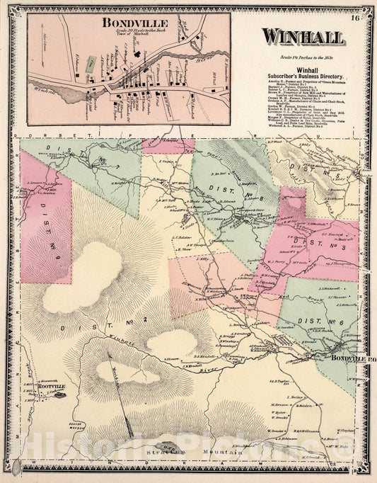 Historic Map : Winhall, Benniington County, Vermont. Bondville., 1869, Vintage Wall Art