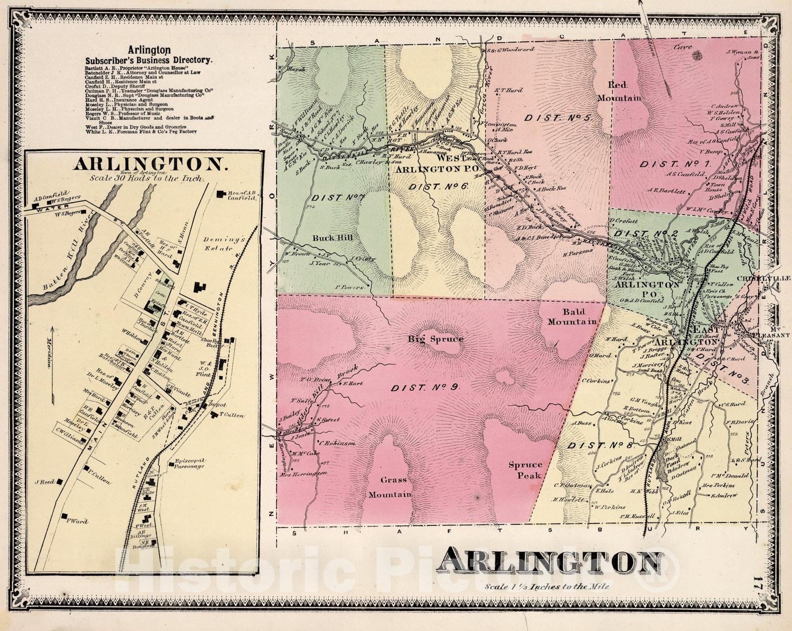 Historic Map : Arlington, Bennington County, Vermont. Arlington., 1869, Vintage Wall Art