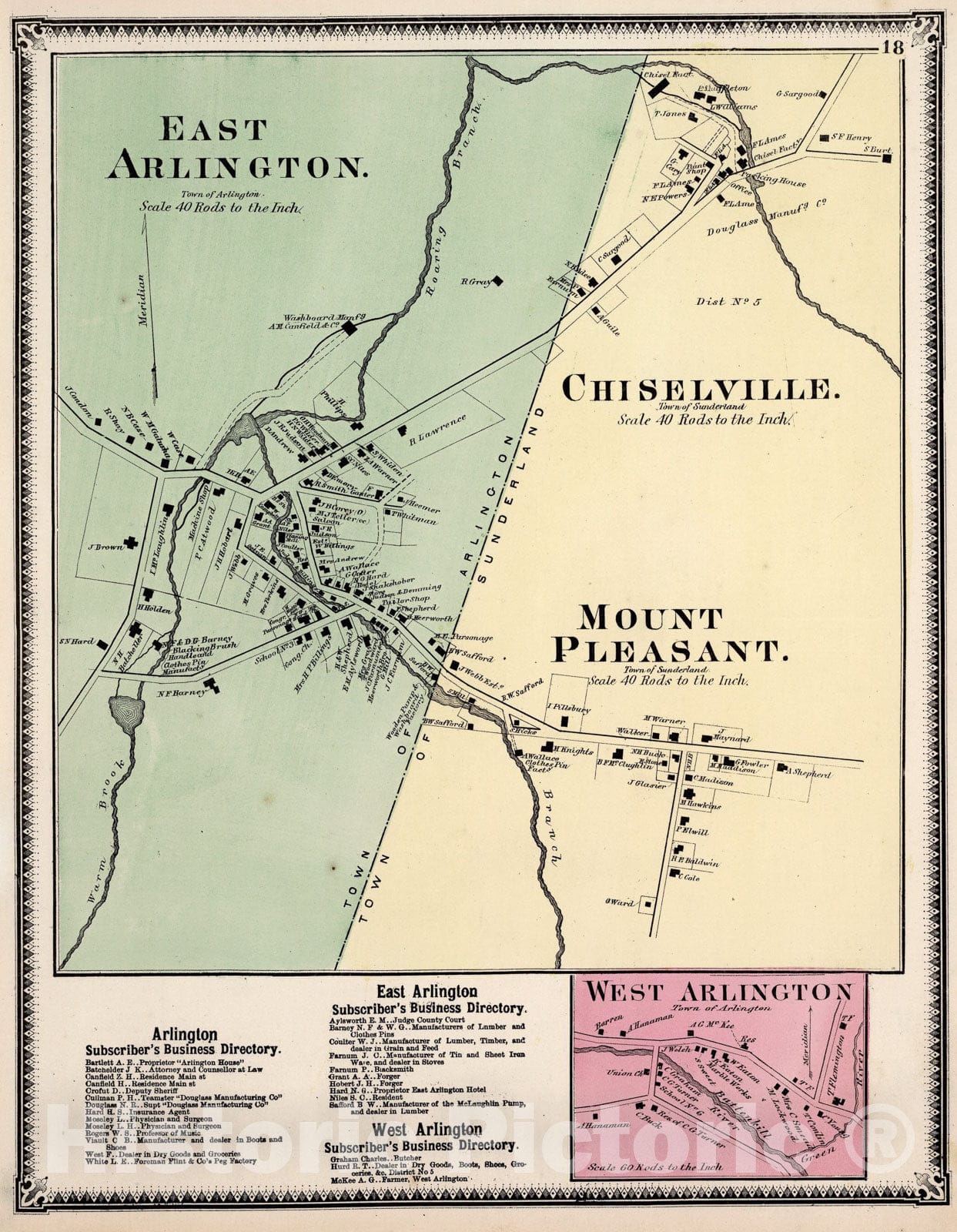 Historic Map : East Arlington; Chiselville; Mount Pleasant. West Arlington, Vermont., 1869, Vintage Wall Art