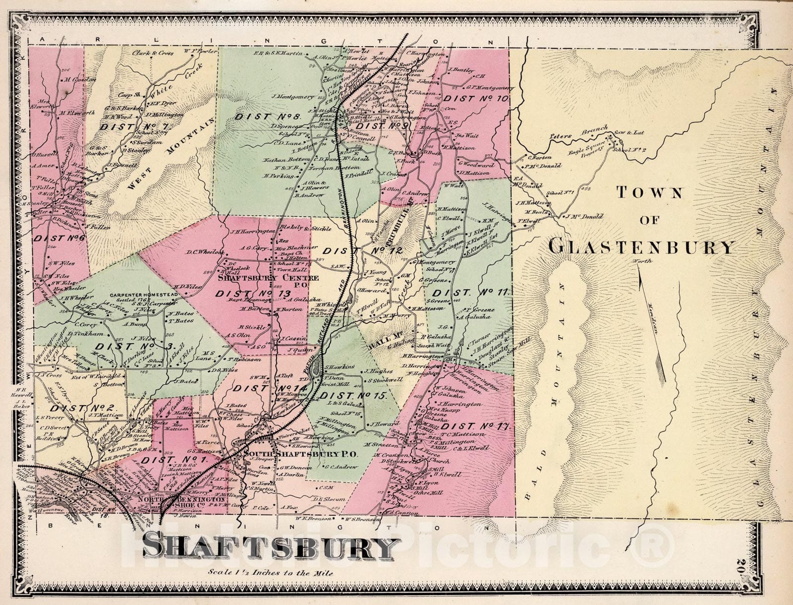 Historic Map : Shaftsbury and Glastenbury, Bennington County, Vermont., 1869, Vintage Wall Art