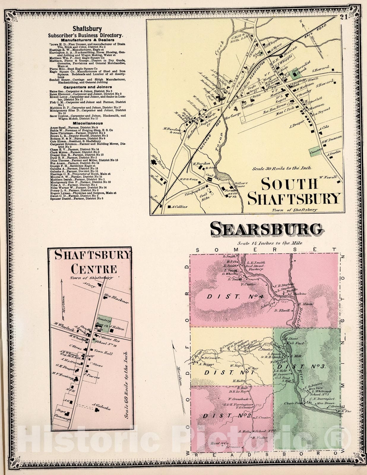 Historic Map : Searsburg, Bennington County, Vermont. South Shaftsbury. Shaftsbury Centre., 1869, Vintage Wall Art