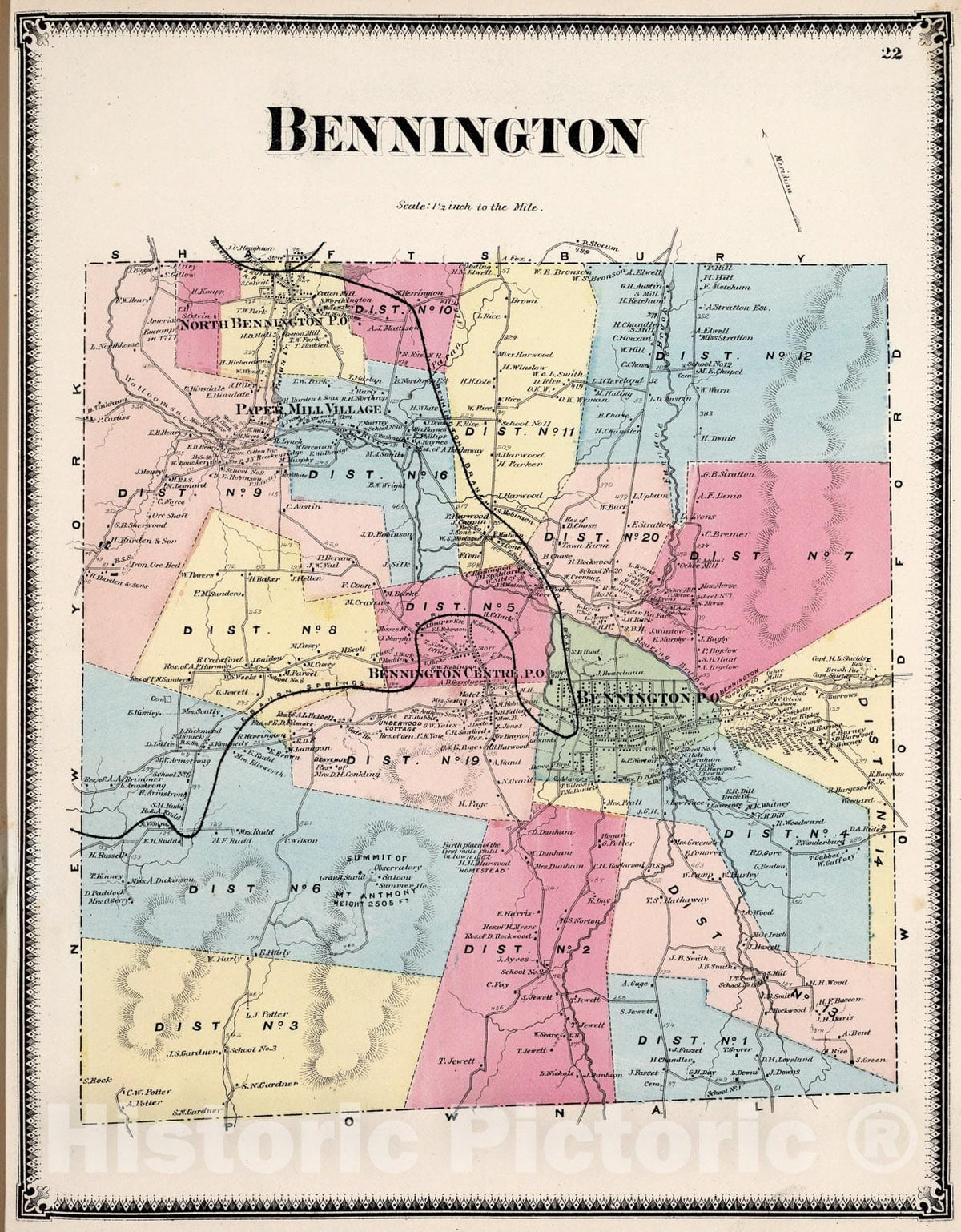 Historic Map : Bennington, Bennnington County, Vermont., 1869, Vintage Wall Art