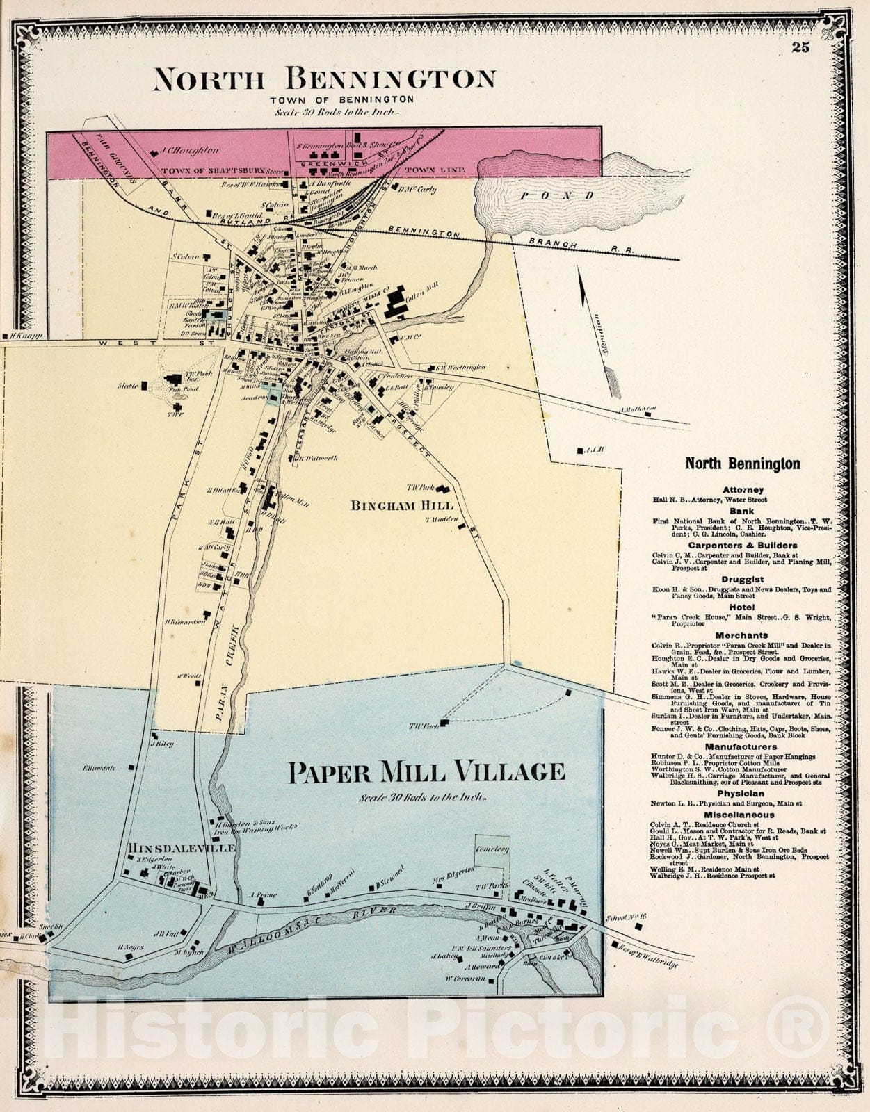 Historic Map : North Bennington; Paper Mill Village, Vermont., 1869, Vintage Wall Art