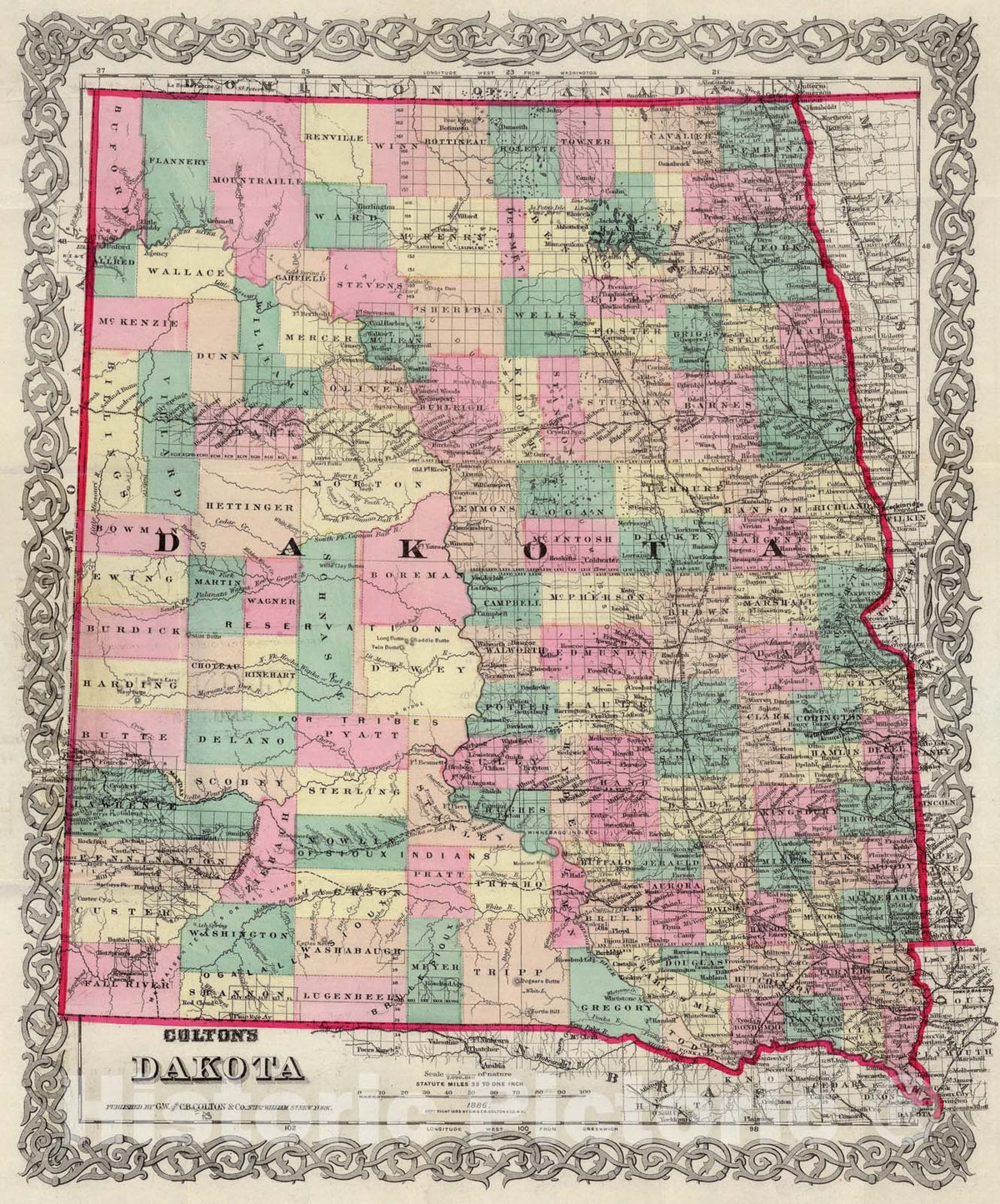 Historic Map : Dakota, 1886, Vintage Wall Art