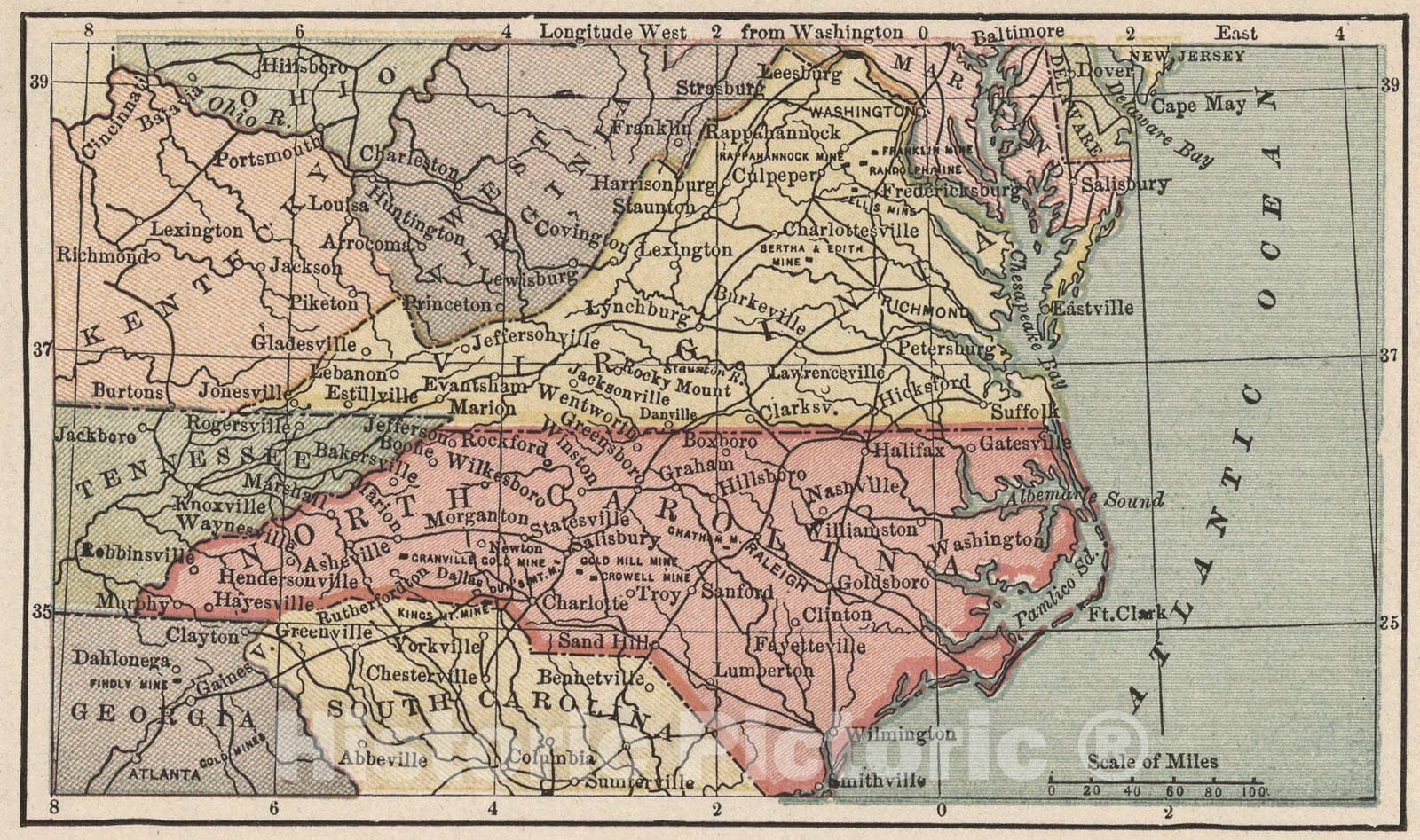 Historic Map : Southern States, 1880, Vintage Wall Art