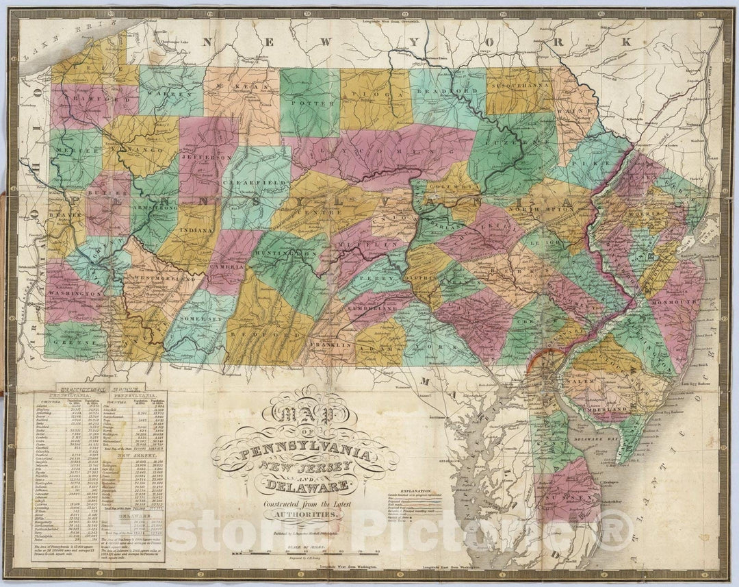 Historic Map : Pennsylvania New Jersey And Delaware, 1831, Vintage Wall Art