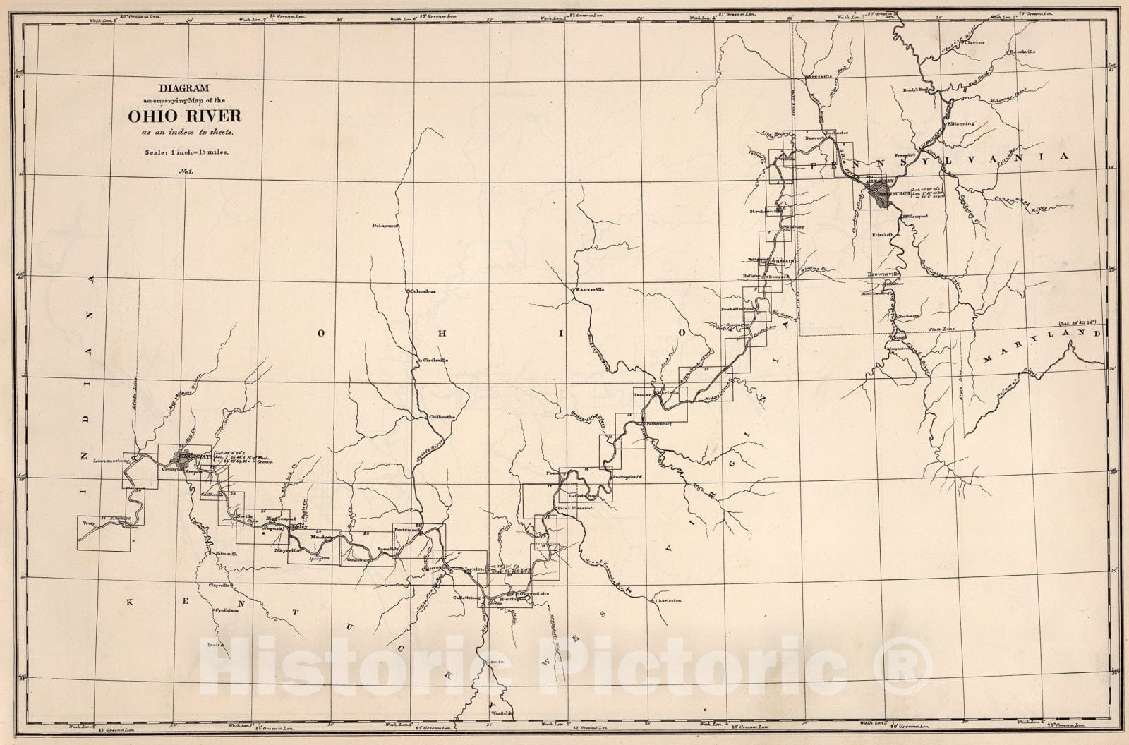 Historic Map : Index Map: No. 1. Diagram accompanying map of the Ohio River, 1881, Vintage Wall Art