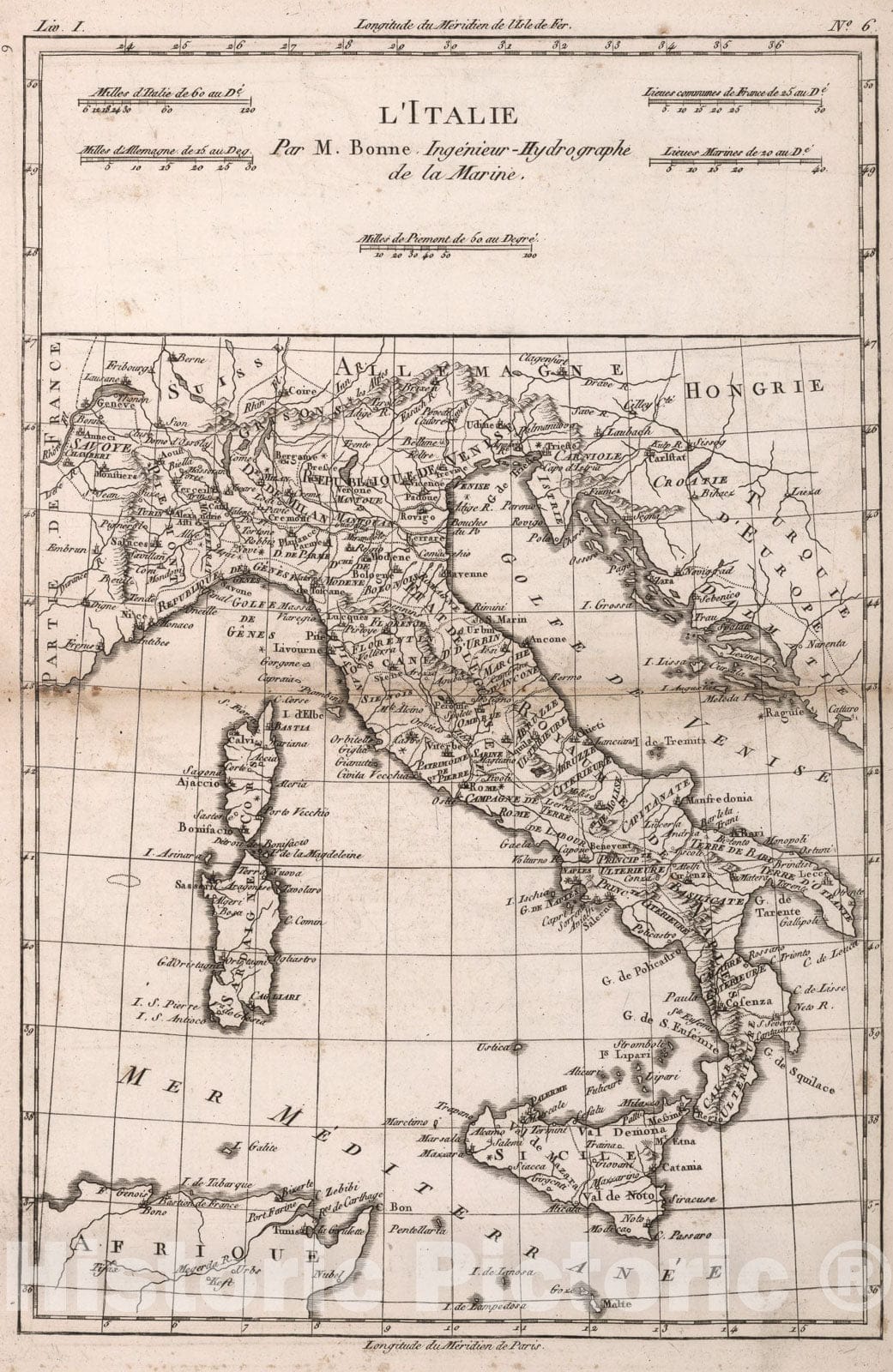 Historic Map : L'Italie : par M. Bonne, 1780, Vintage Wall Art