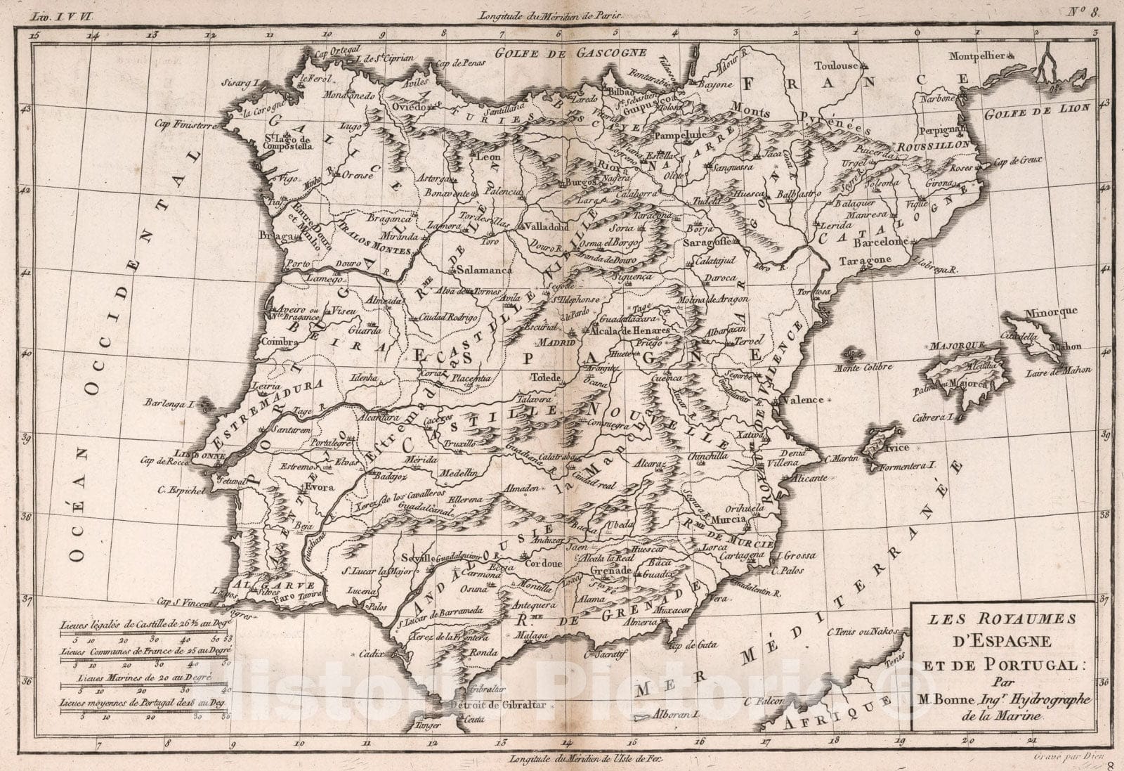 Historic Map : Les Royaumes d'Espagne et de Portugal, 1780, Vintage Wall Art