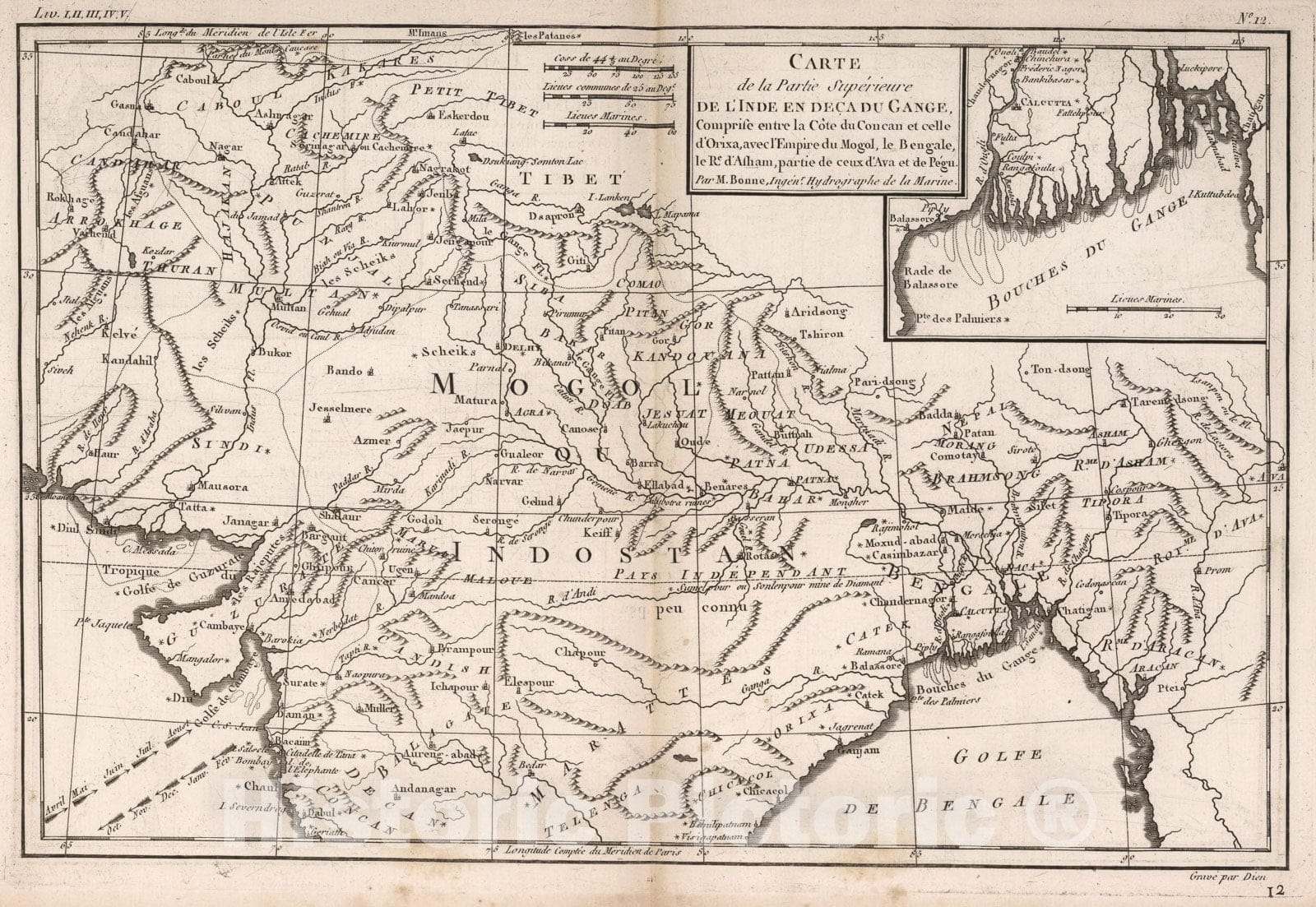 Historic Map : Carte de la partie Superieure de l'Inde en Deca Du Gange, 1780, Vintage Wall Art