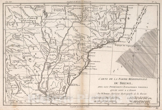 Historic Map : Carte de la partie meridionale du Bresil, 1780, Vintage Wall Art