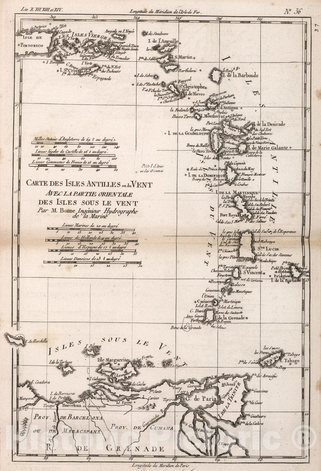 Historic Map : Carte Des Isles Antilles ou du Vent, Avec La Partie Orientale Des Isles Sous Les Vent, 1780, Vintage Wall Art