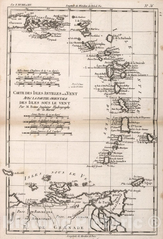 Historic Map : Carte Des Isles Antilles ou du Vent, Avec La Partie Orientale Des Isles Sous Les Vent, 1780, Vintage Wall Art