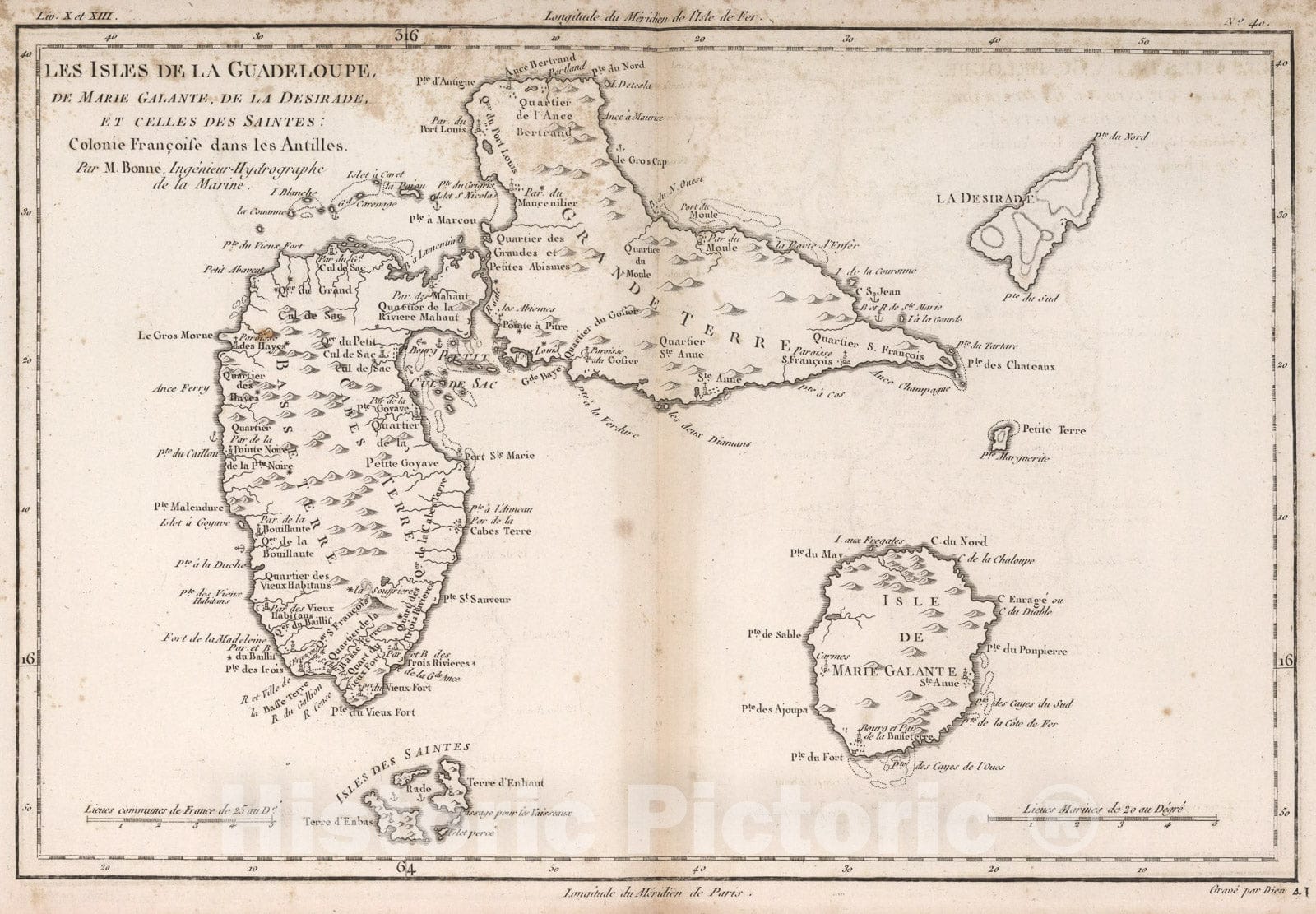 Historic Map : Les Isles de la Guadeloupe, De Marie Galante, De La Desirade, 1780, Vintage Wall Art