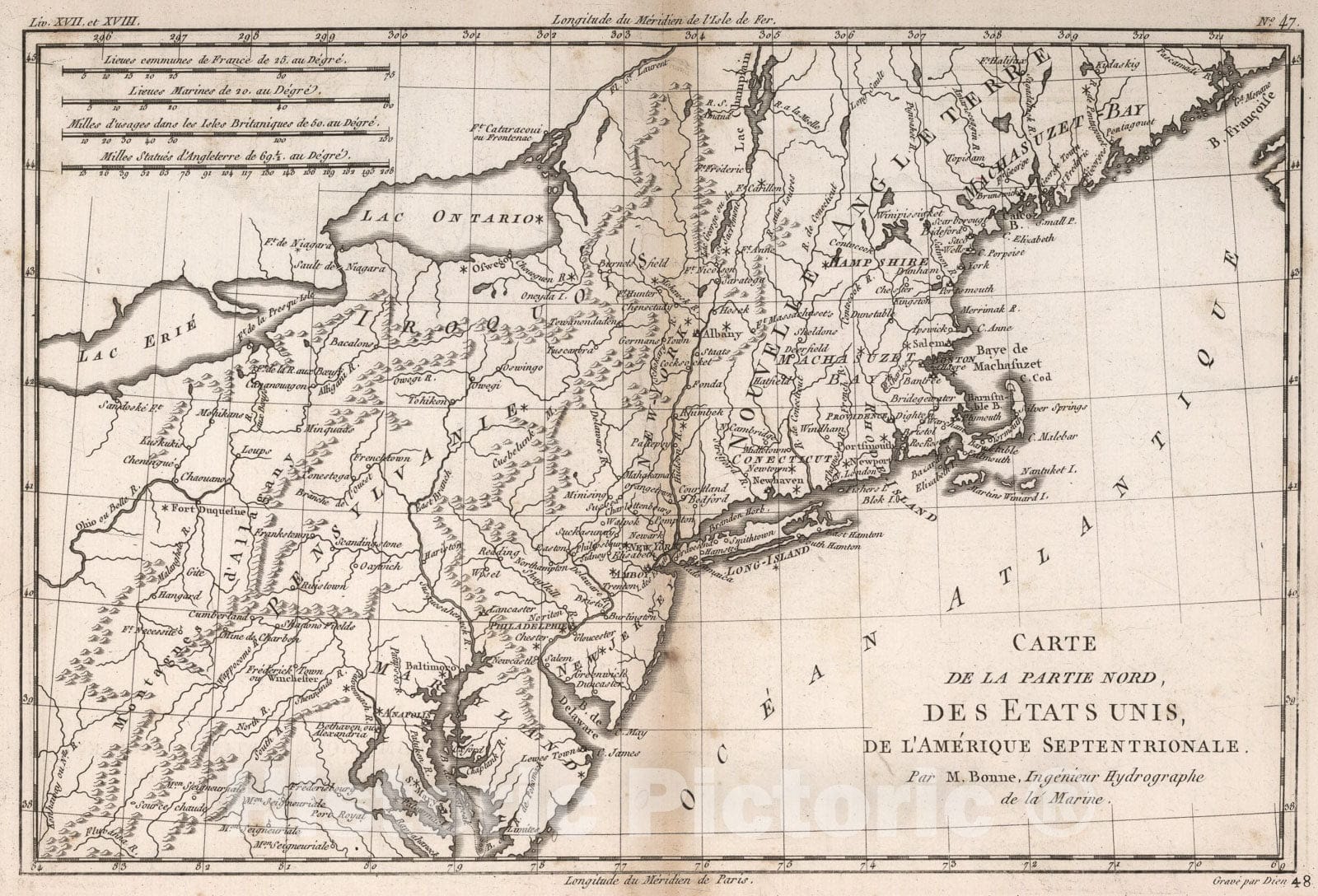 Historic Map : Carte de la partie nord, des Etats Unis, de l'Amerique septentrionale, 1780, Vintage Wall Art