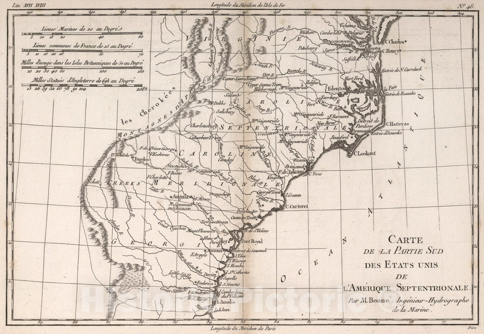 Historic Map : Carte de la partie sud des Etats Unis de l'Amerique septentrionale, 1780, Vintage Wall Art