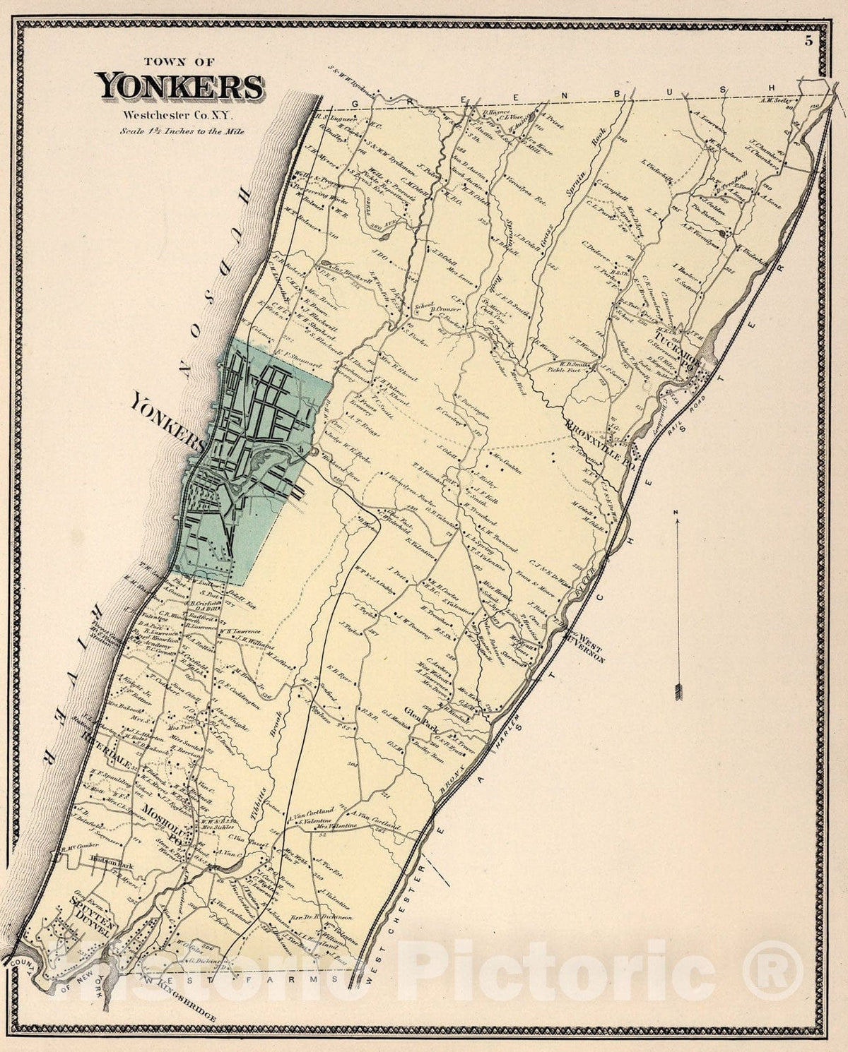 Historic Map : Town of Yonkers, Westchester County, New York., 1867, Vintage Wall Art