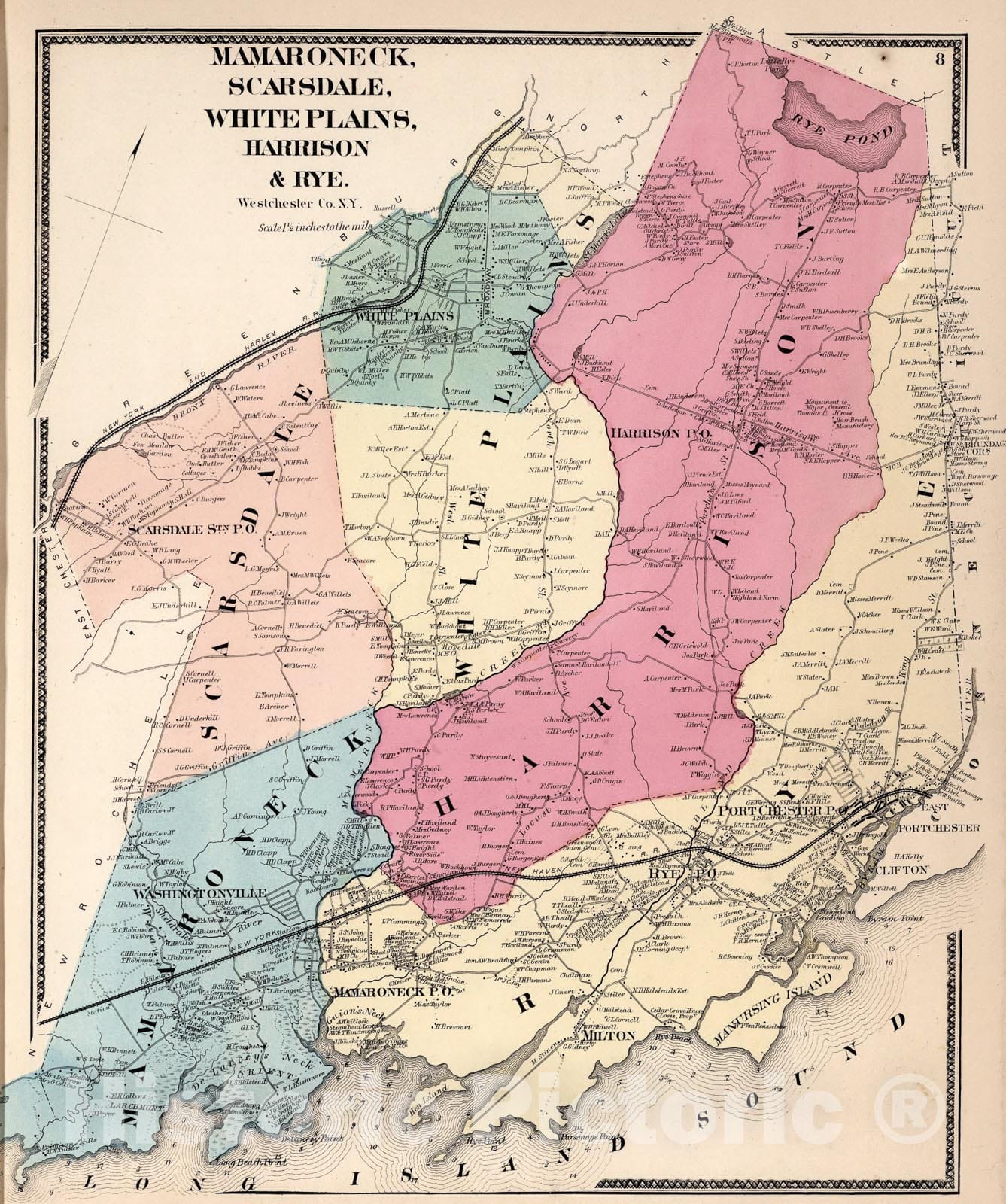 Historic Map : Mamaroneck, Scarsdale, White Plains, Harrison & Rye, Westchester County, New York., 1867, Vintage Wall Art