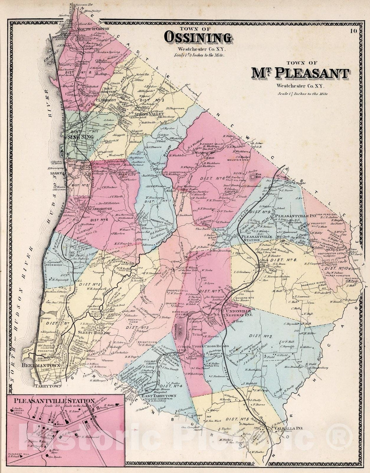 Historic Map : Town of Ossining, Town of Mt. Pleasant, Westchester County, New York. (inset) Pleasantville Station., 1867, Vintage Wall Art