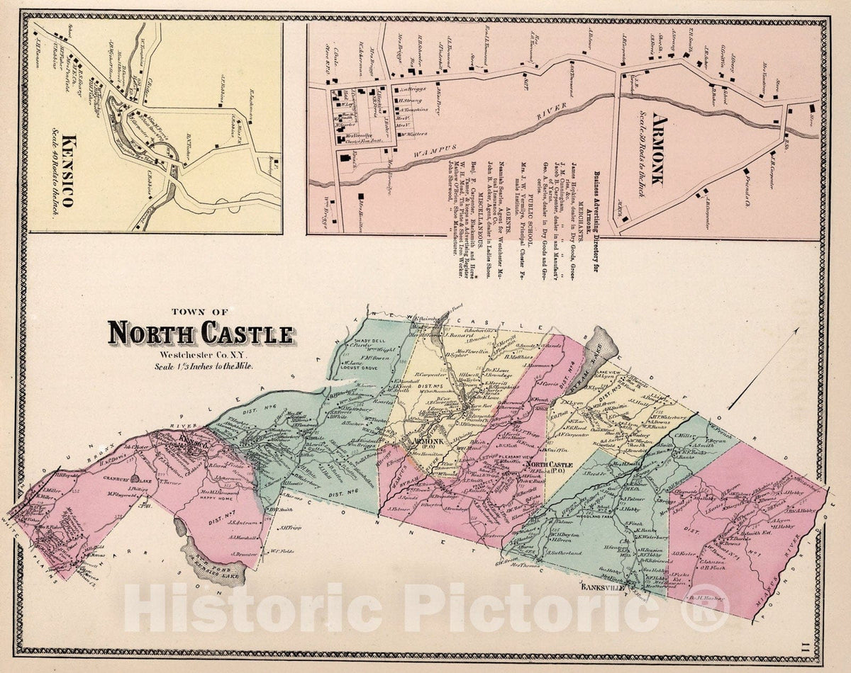 Historic Map : Town of North Castle, Westchester County, New York. (insets) Armonk. Kensico., 1867, Vintage Wall Art