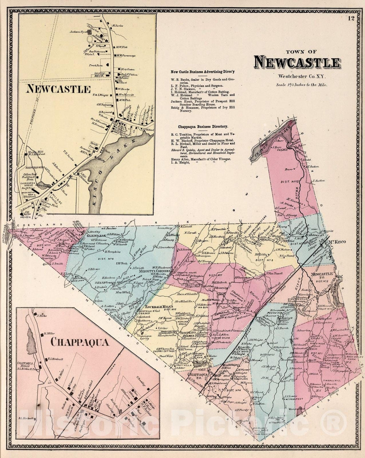 Historic Map : Town of Newcastle, Westchester County, New York. (insets) Newcastle. Chappaqua., 1867, Vintage Wall Art