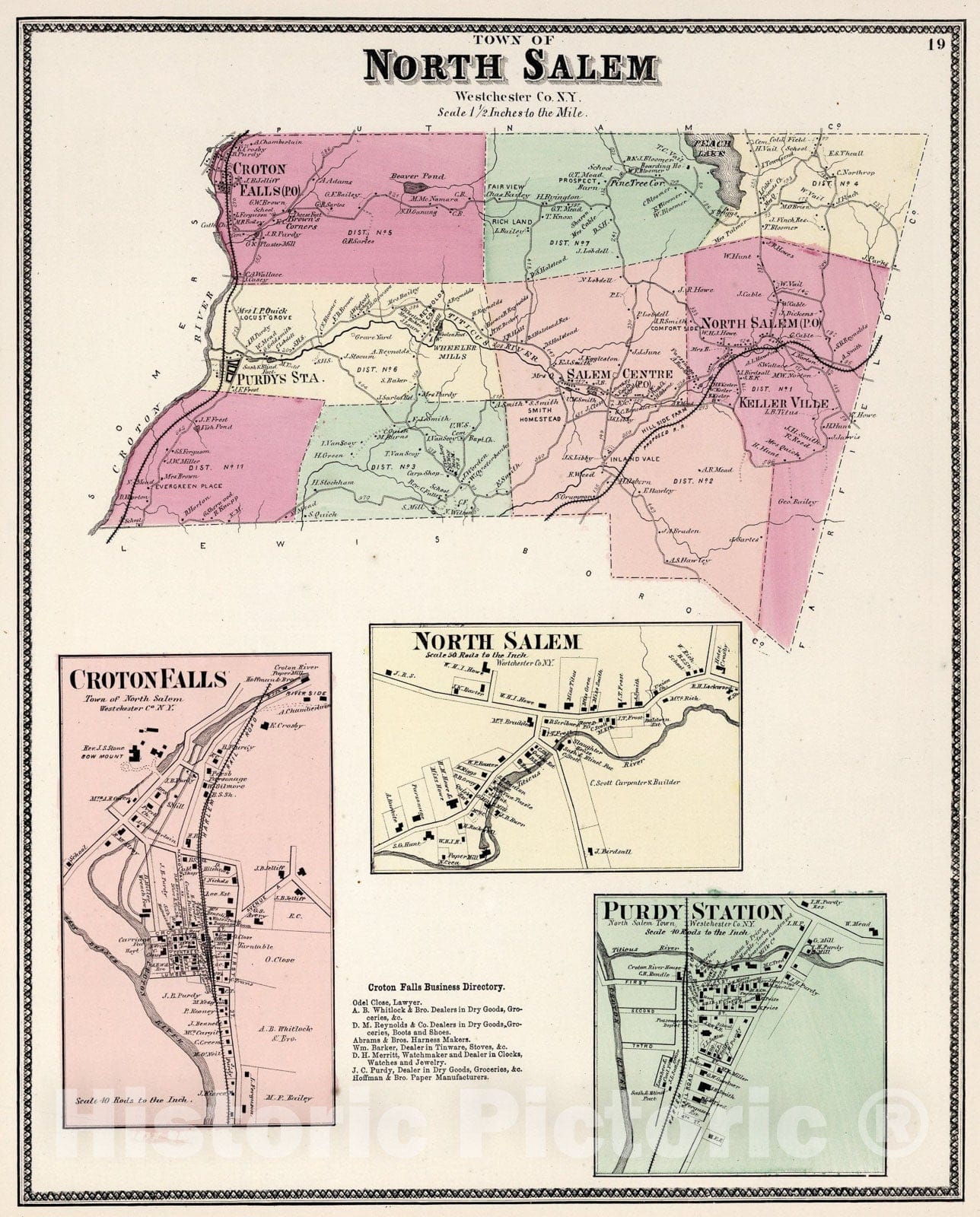 Historic Map : Town of North Salem, Westchester County, New York. (insets) Croton Falls. North Salem. Purdy Station., 1867, Vintage Wall Art