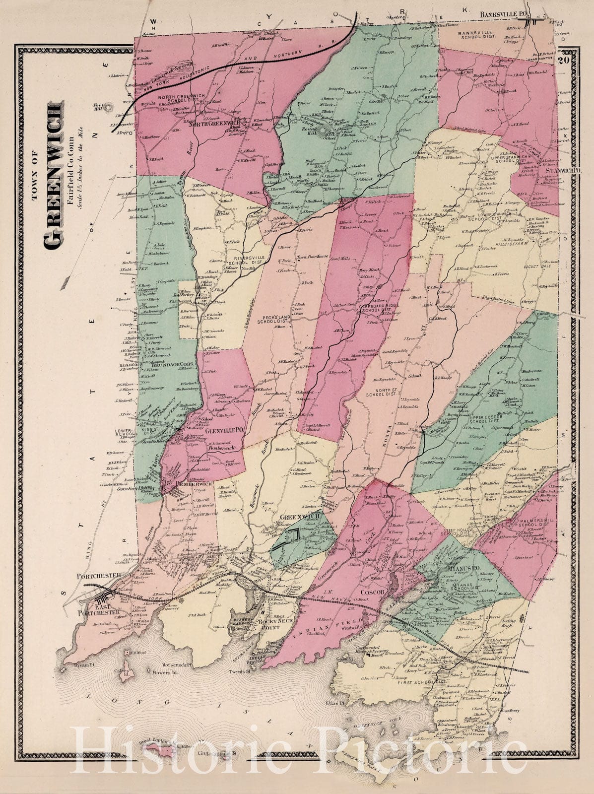 Historic Map : Town of Greenwich, Fairfield County, Connecticut., 1867, Vintage Wall Art