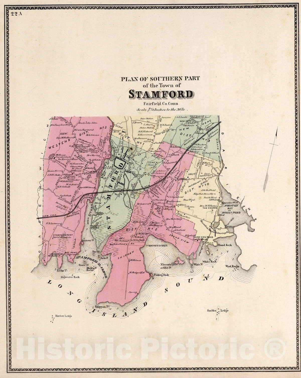 Historic Map : Plan of Southern Part of the Town of Stamford, Fairfield County, Connecticut., 1867, Vintage Wall Art