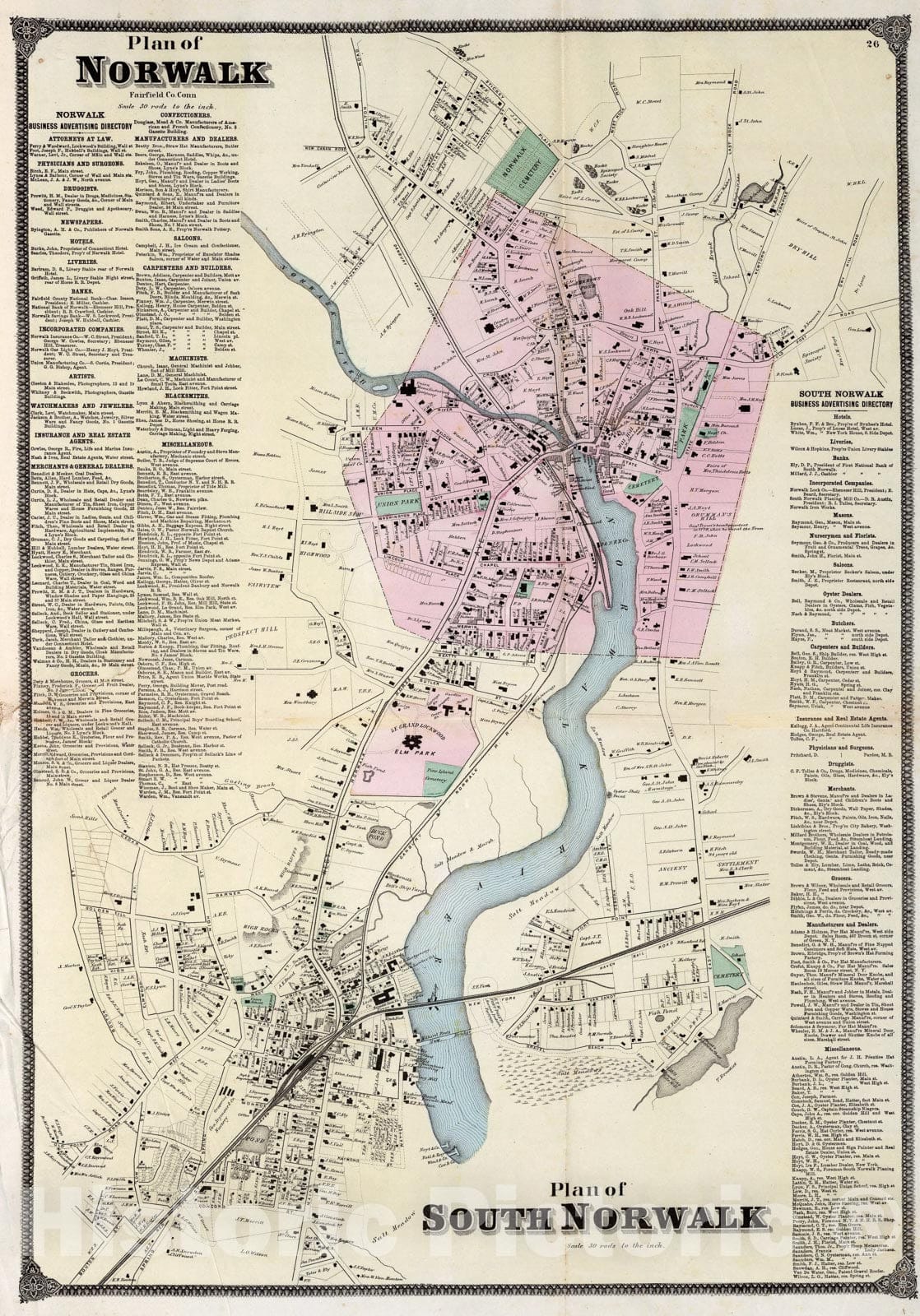Historic Map : Plan of Norwalk, Plan of South Norwalk, Connecticut., 1867, Vintage Wall Art