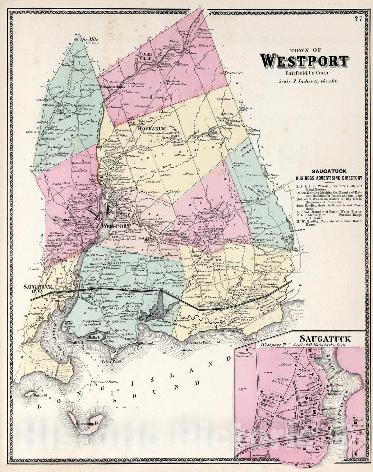 Historic Map : Town of Westport, Fairfield County, Connecticut. (inset) Saugatuck., 1867, Vintage Wall Art