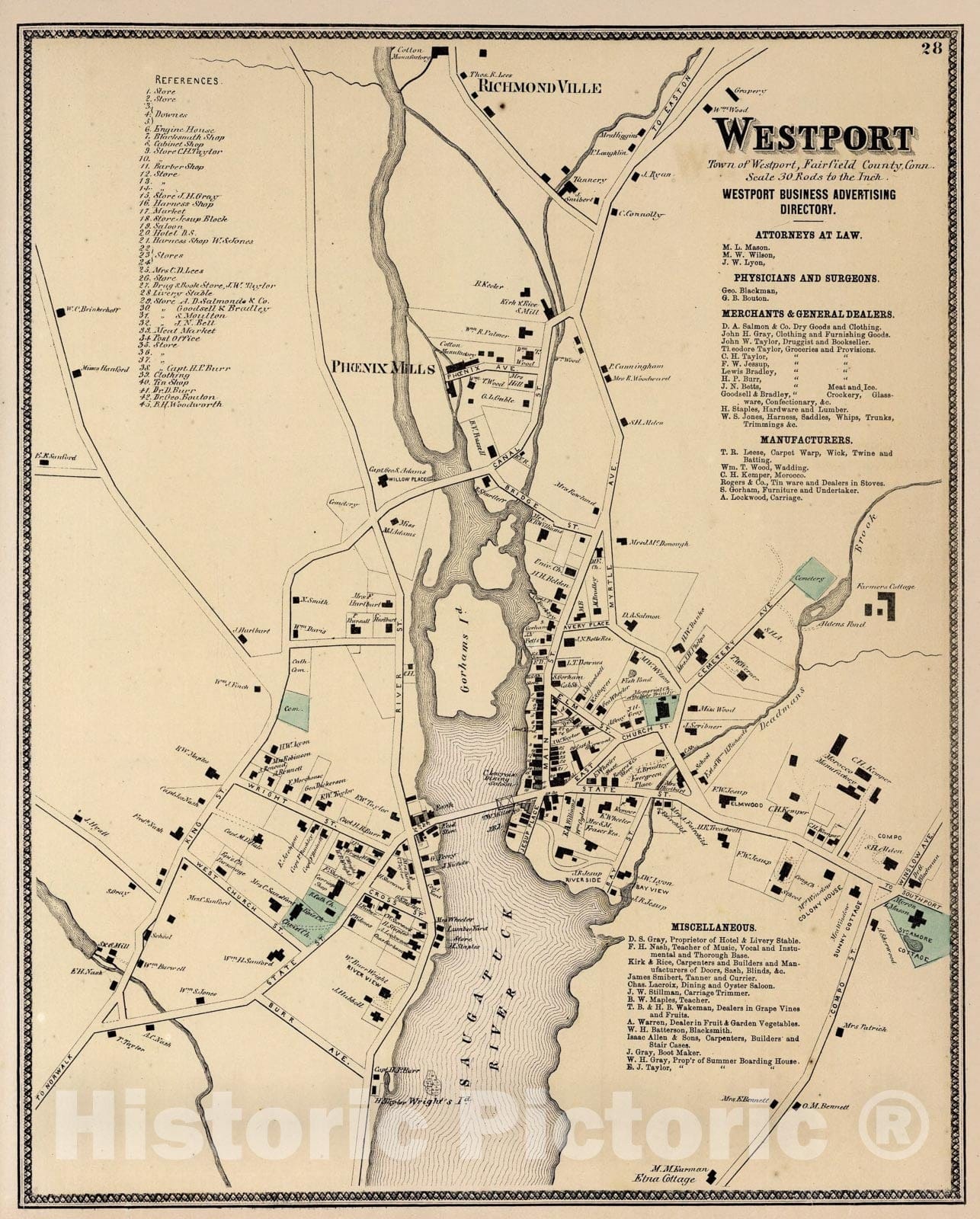 Historic Map : Westport, Connecticut., 1867, Vintage Wall Art