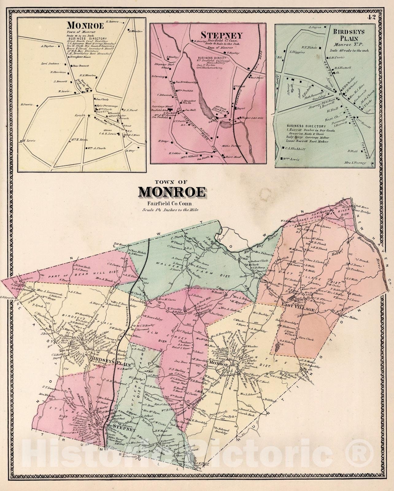 Historic Map : Town of Monroe, Fairfield County, Connecticut. (inset) Monroe. Stepney. Birdseys Plain (Hattertown)., 1867, Vintage Wall Art