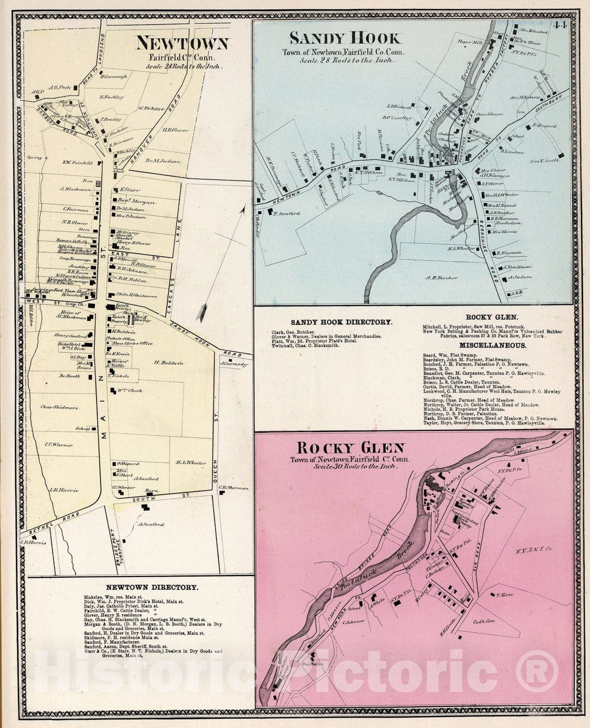 Historic Map : Newtown. Sandy Hook. Rocky Glen, Connecticut., 1867, Vintage Wall Art