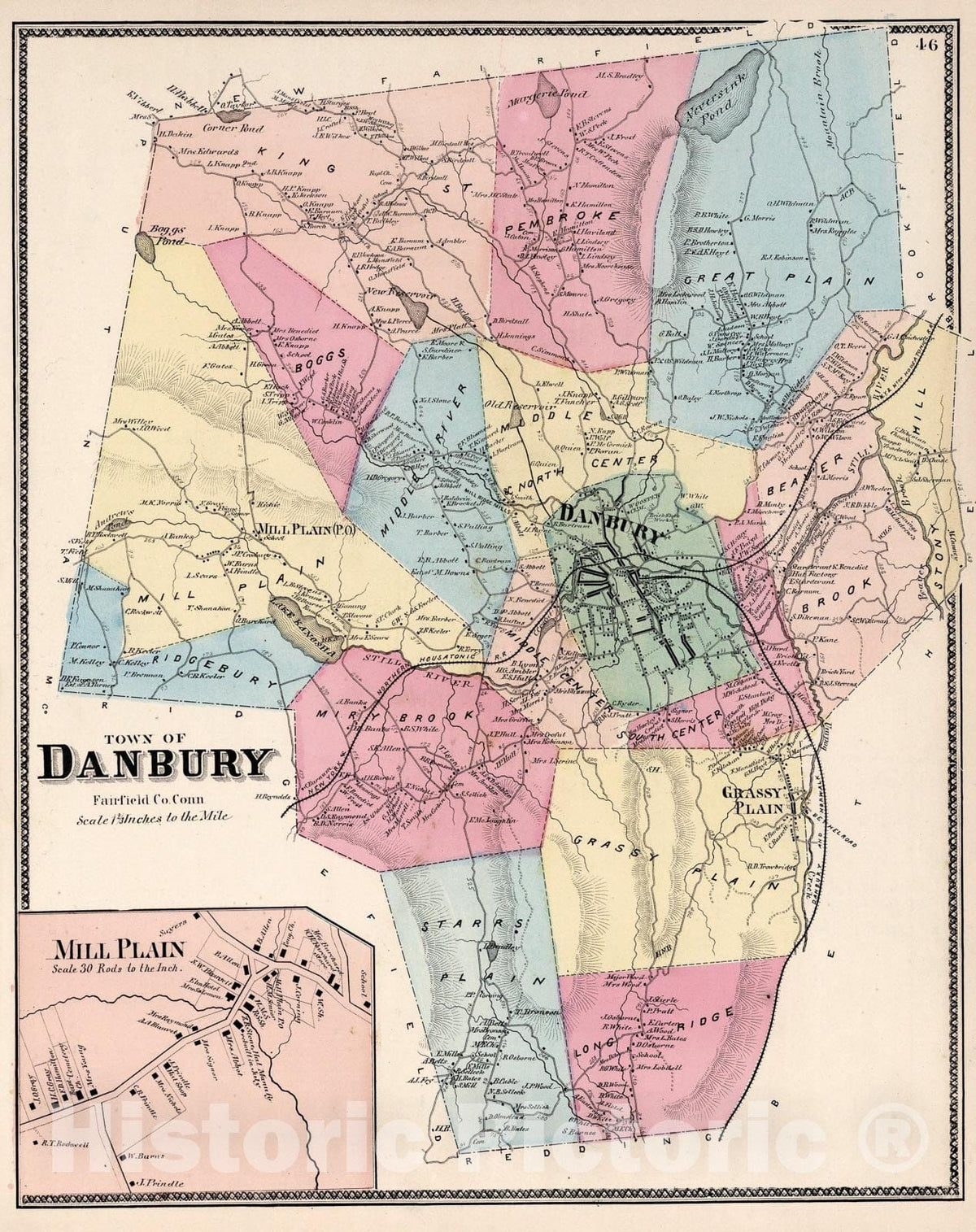 Historic Map : Town of Danbury, Fairfield County, Connecticut. (inset) Mill Plain., 1867, Vintage Wall Art