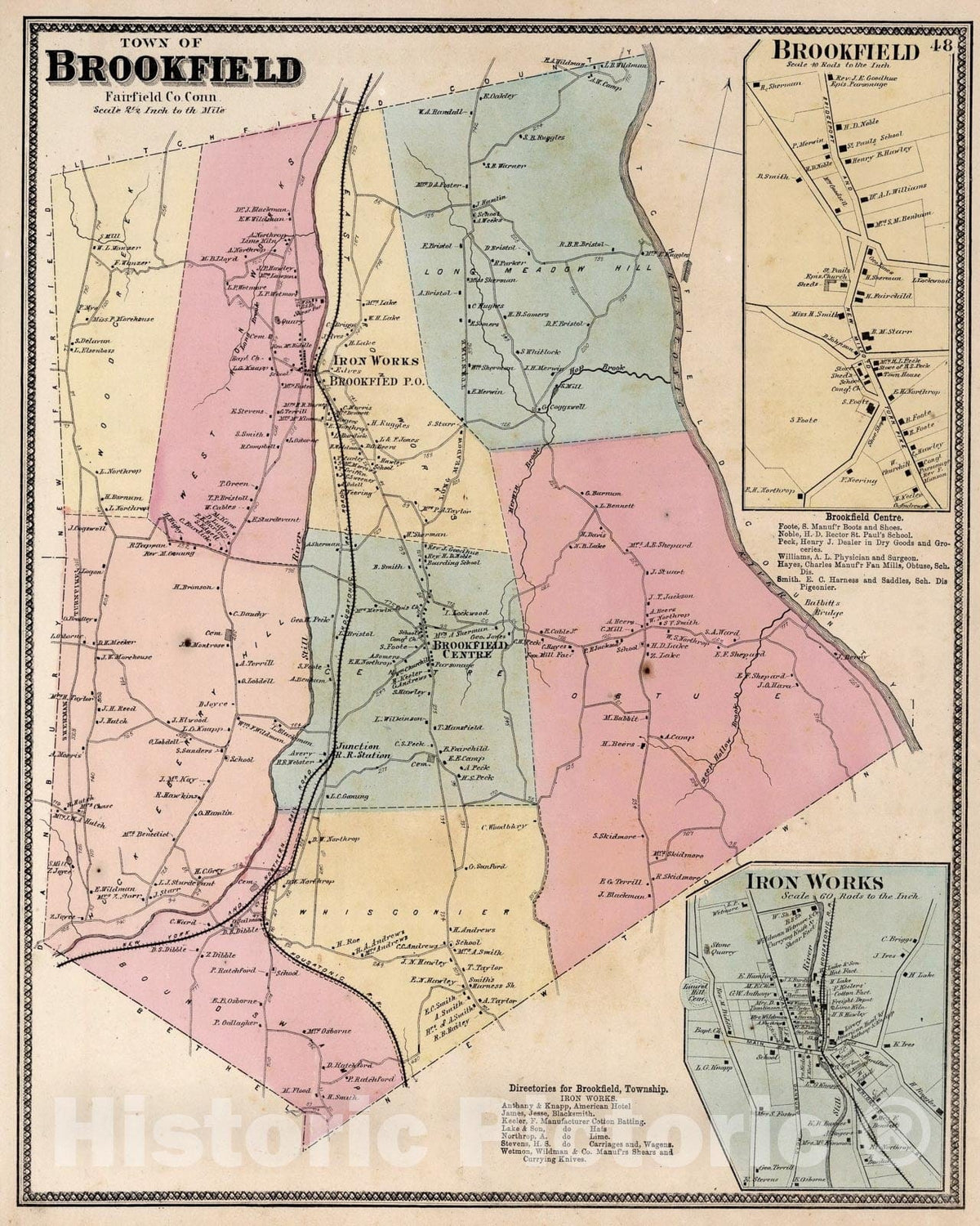 Historic Map : Town of Brookfield, Fairfield County, Connecticut. (insets) Brookfield. Iron Works., 1867, Vintage Wall Art