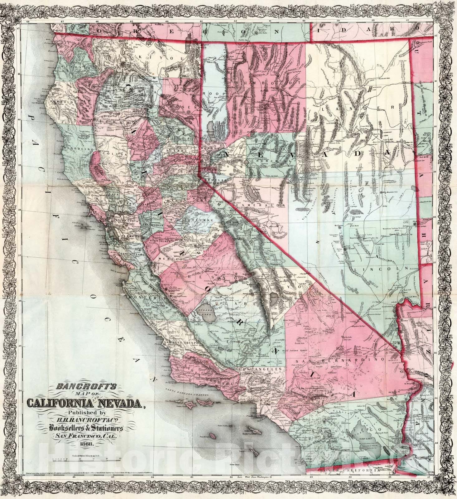 Historic Map : California And Nevada, 1868, Vintage Wall Art