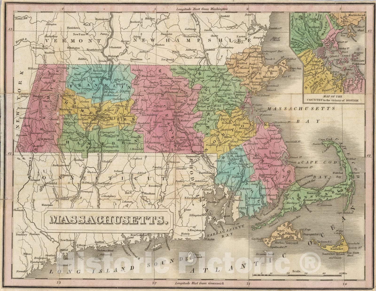 Historic Map : Massachusetts, 1829, Vintage Wall Art