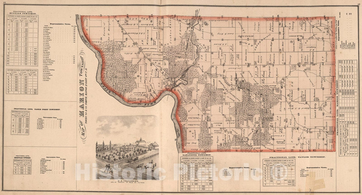 Historic Map : Marion Township, Ogle County, Illinois. Residence of H.A. Youngman., 1872, Vintage Wall Art