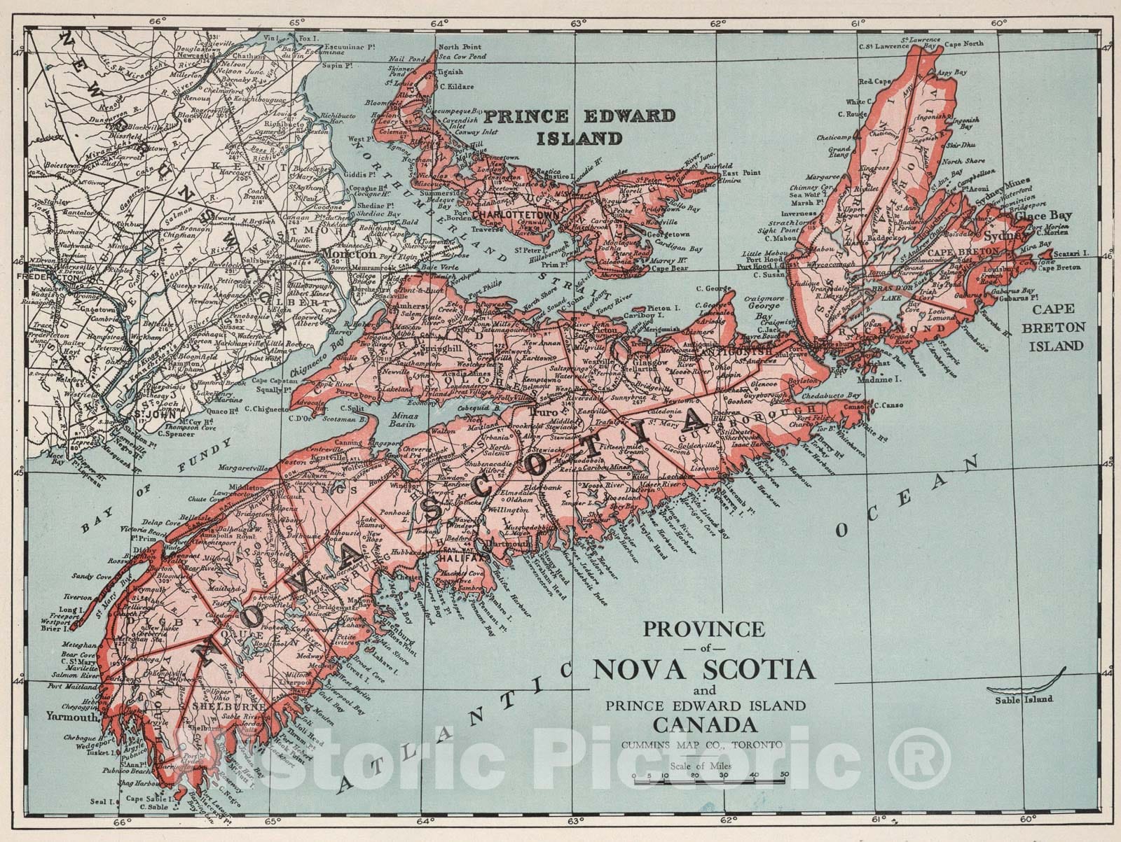 Historic Map : Province of Nova Scotia and Prince Edward Island, Canada., 1925, Vintage Wall Art