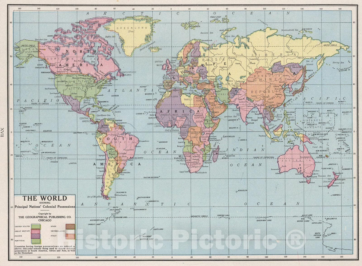 Historic Map : The World Showing Principal Nations' Colonial Possessions., 1925, Vintage Wall Art